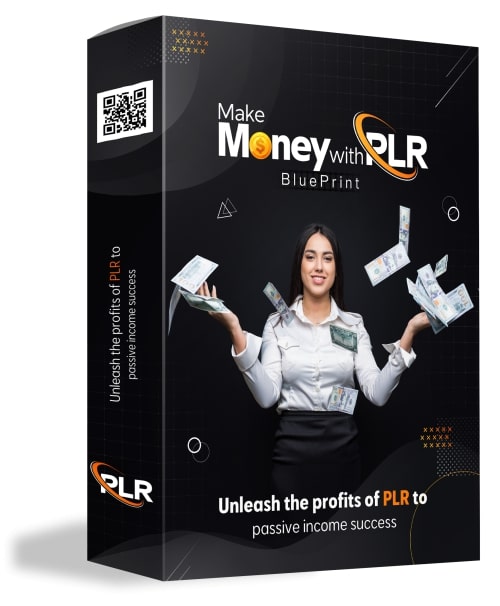 Product packaging for 'Make Money with PLR Blueprint' featuring a person holding money.