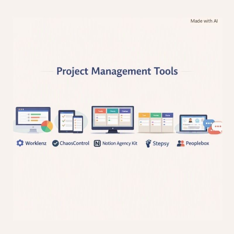 A digital graphic titled 'Project Management Tools' on a light beige background, showing illustrated screens of software interfaces and logos for Worklenz, ChaosControl, Notion Agency Kit, Stepsy, and Peoplebox. Small text in the top right says 'Made with AI'.