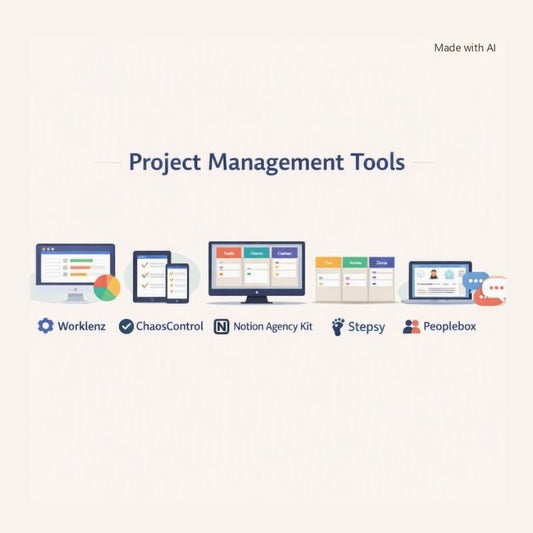 A digital graphic titled 'Project Management Tools' on a light beige background, showing illustrated screens of software interfaces and logos for Worklenz, ChaosControl, Notion Agency Kit, Stepsy, and Peoplebox. Small text in the top right says 'Made with AI'.