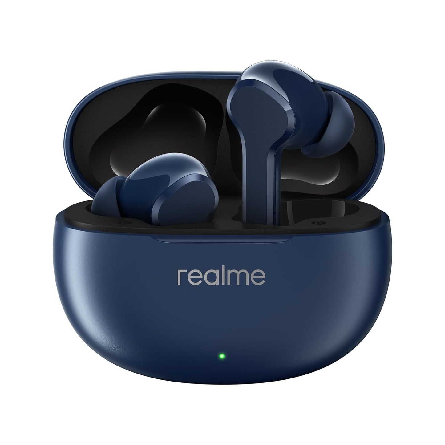 Blue wireless earbuds in charging case with 'realme' branding on a white background