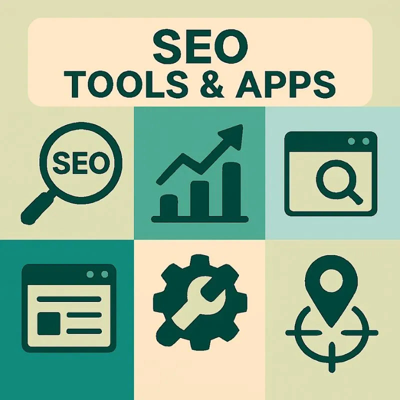 Icons representing SEO tools and apps on a green and beige background
