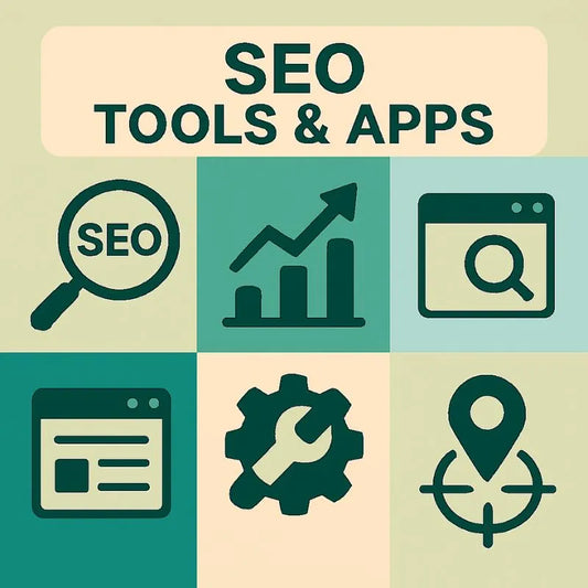 Icons representing SEO tools and apps on a green and beige background