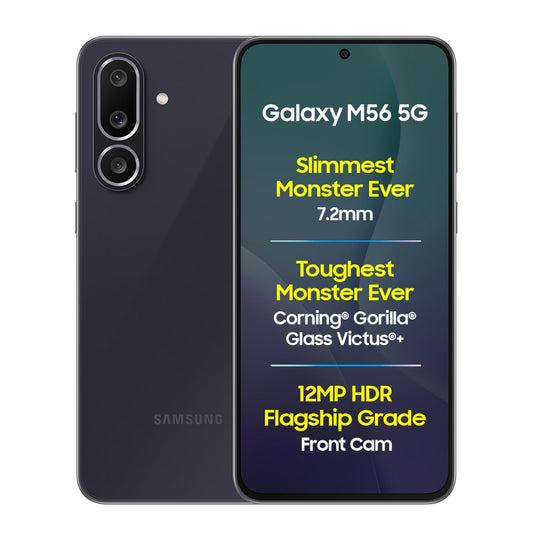 Samsung Galaxy M56 5G phone with specifications on a white background