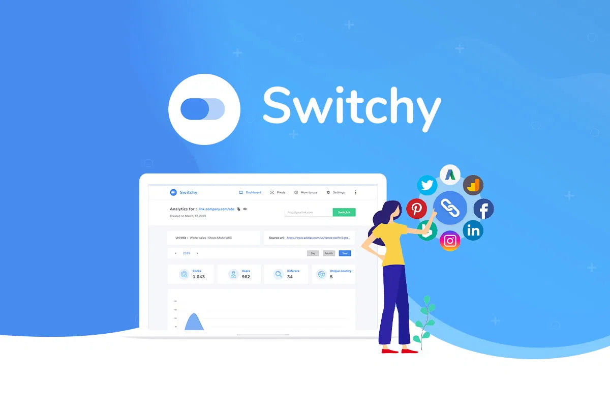 Illustration of a person using Switchy, an app interface on a blue background
