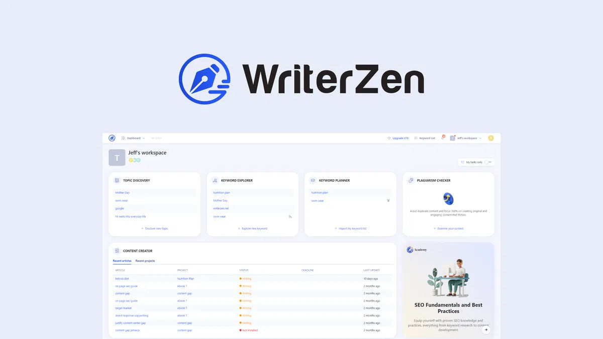 WriterZen platform interface with user dashboard on a light blue background