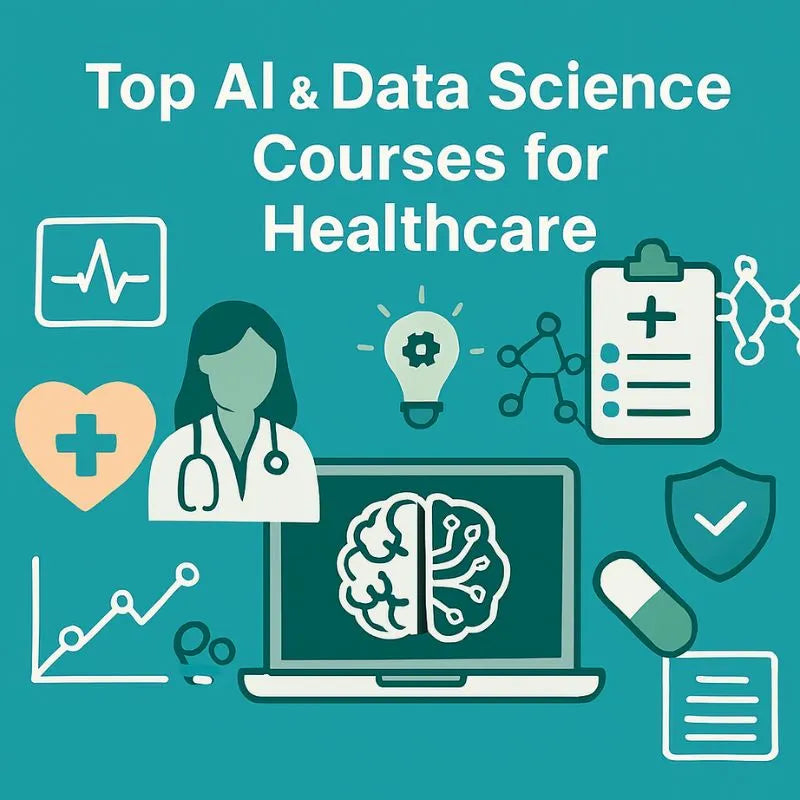 Promotional graphic for top AI and data science courses for healthcare with icons and text on a teal background.