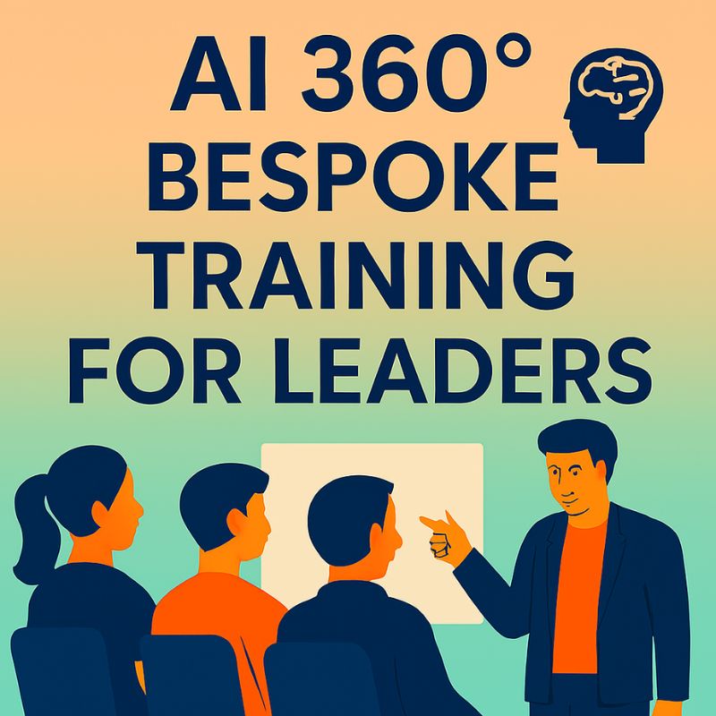 Advertisement for AI 360° bespoke training for leaders with a presenter and audience.