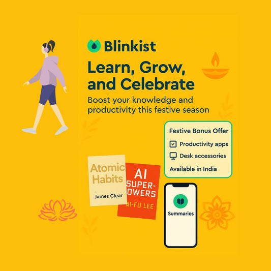 Blinkist promotional graphic with text and icons on a yellow background