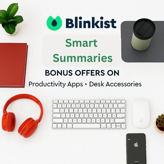 Blinkist advertisement with productivity items on a white background