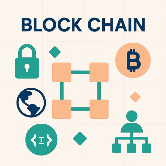 Illustrations of blockchain concepts with symbols on a light beige background