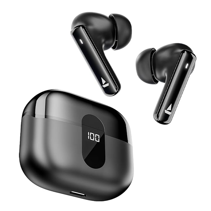 Black wireless earbuds with charging case on a white background
