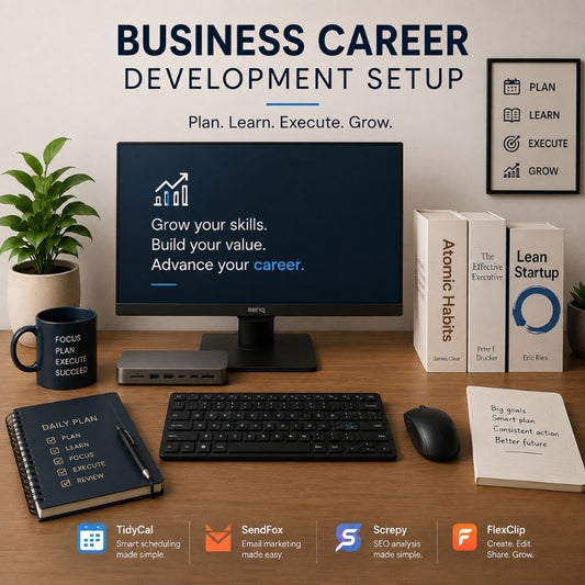 A styled desktop setup for business career development, featuring a computer monitor with motivational text, a keyboard, mouse, mug, notebook, books, and framed wall art on a desk. Large text at the top reads 'BUSINESS CAREER DEVELOPMENT SETUP' with the subtitle 'Plan.