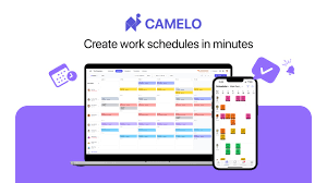 CAMELO software for creating work schedules displayed on a laptop and phone with a purple background.