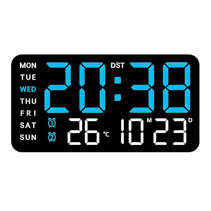 Digital clock with blue LED display on a white background