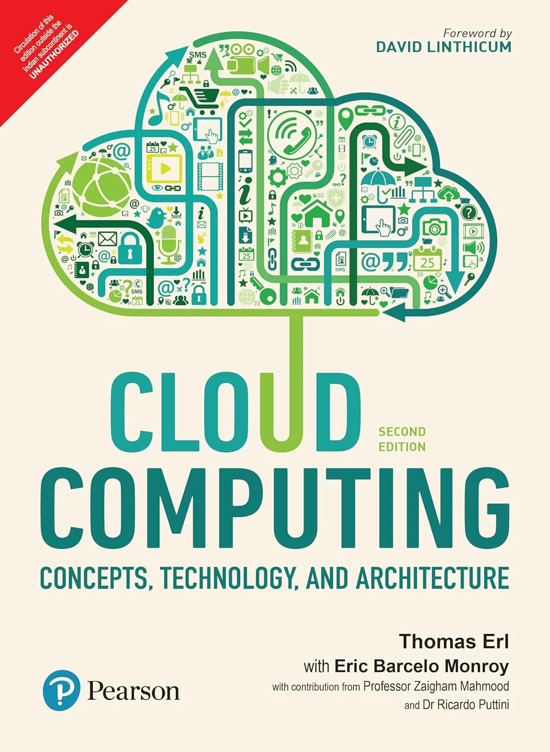 Book cover of 'Cloud Computing: Concepts, Technology, and Architecture' by Pearson with cloud design and text.