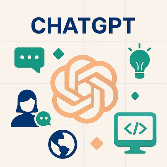 CHATGPT logo with icons representing conversation, brain, light bulb, user, globe, and computer.