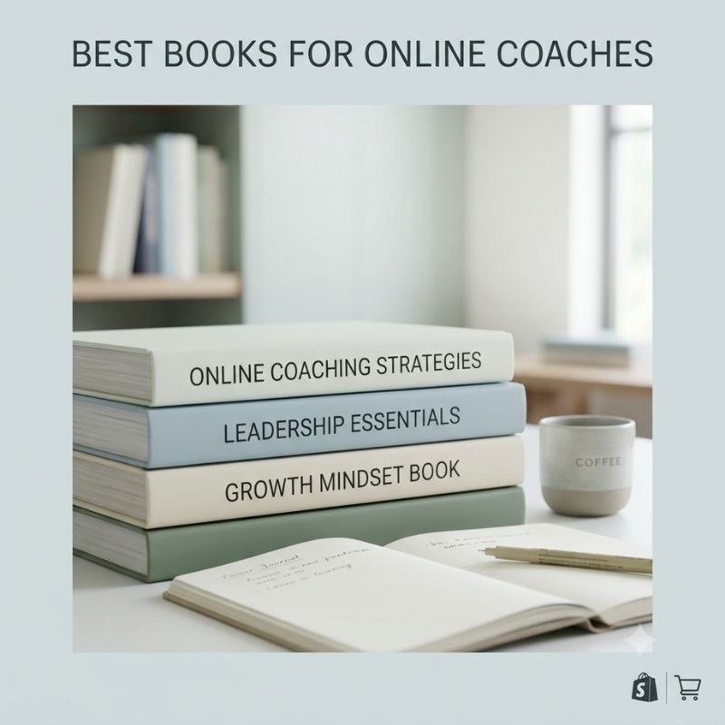 A styled book stack on a desk with the titles 'ONLINE COACHING STRATEGIES', 'LEADERSHIP ESSENTIALS', and 'GROWTH MINDSET BOOK'. An open notebook and pen sit in front, with a mug and blurred books in the background.