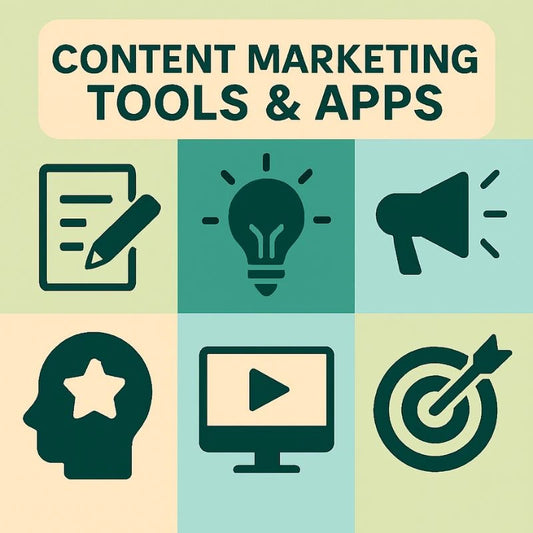 Icons representing content marketing tools and apps on a green background with text.