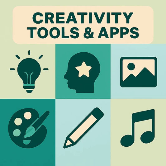 Icons representing creativity tools and apps on a green background with 'Creativity Tools & Apps' text.