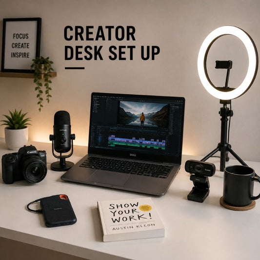 A styled creator desk setup on a white tabletop against a beige wall, featuring a laptop, ring light, microphone, camera, webcam, mug, and a book. Large text on the wall reads 'CREATOR DESK SET UP'.