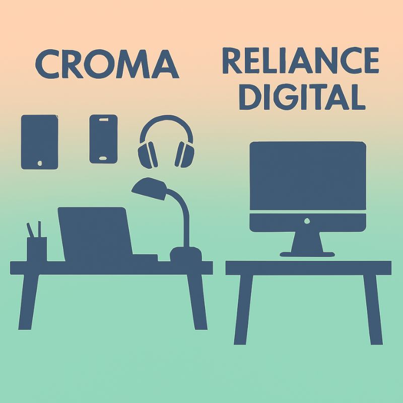 Silhouettes of electronic devices on a gradient background with 'Croma' and 'Reliance Digital' text.