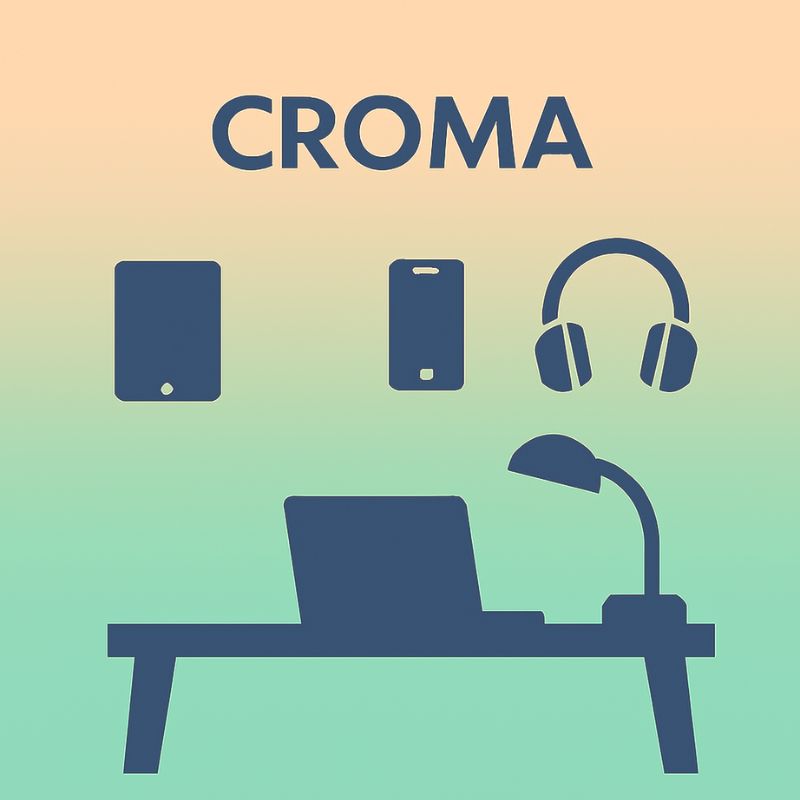Silhouettes of a laptop, tablet, smartphone, and headphones on a gradient background with 'CROMA' branding.