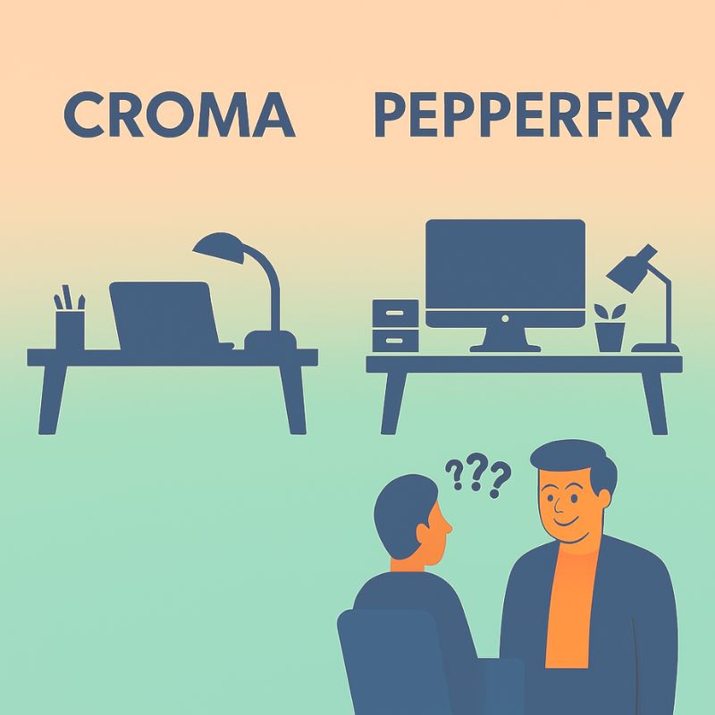 Illustration of two people sitting at desks with Croma and Pepperfry logos above them.