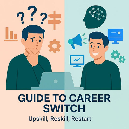 Illustration of two men with career-related icons and text about a guide to career switch.