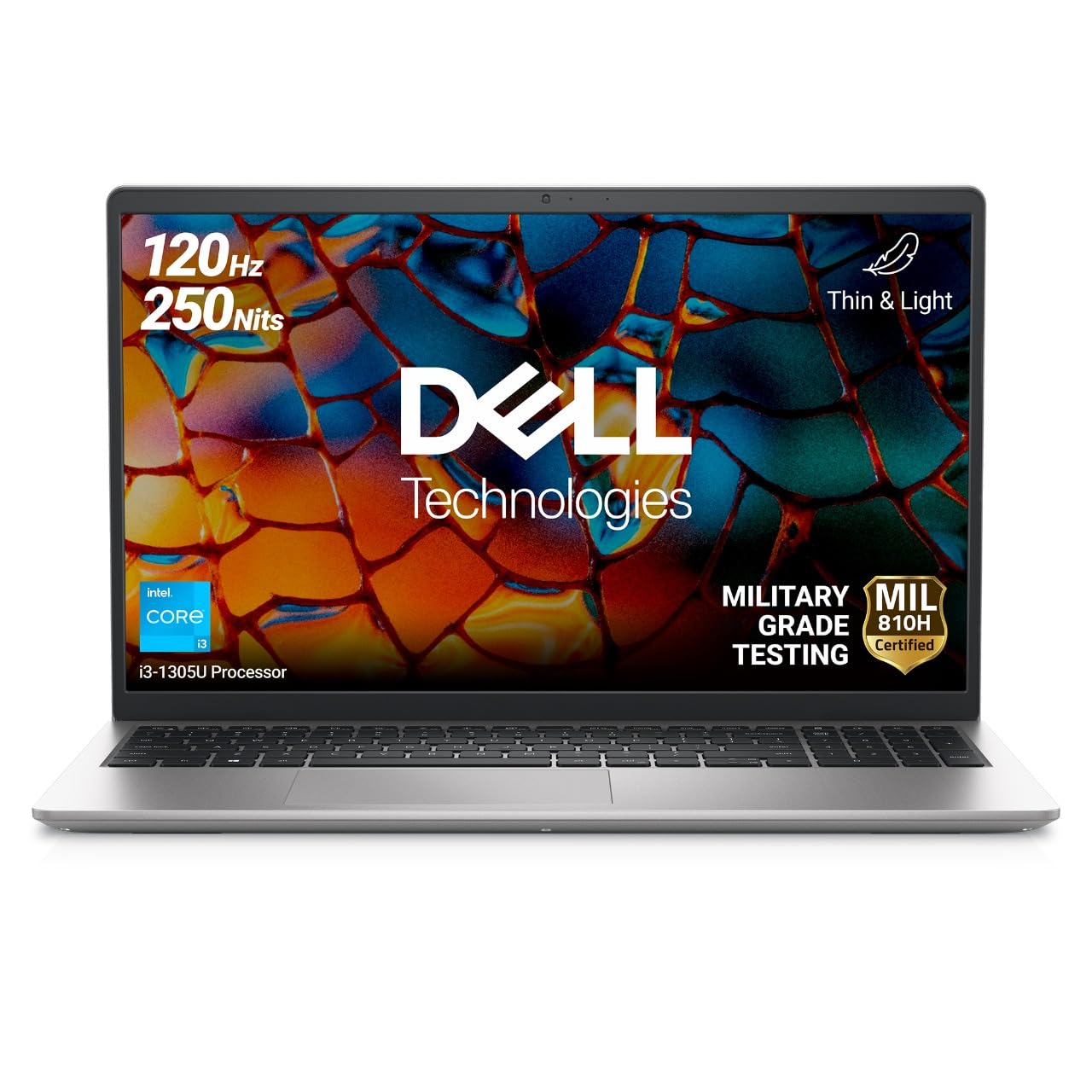 Dell laptop with colorful display and certification badges on a white background
