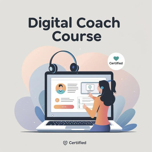 Digital Coach Course promotional graphic with a person using a laptop, headphones, and a certified badge.