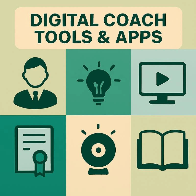 Icons and text related to digital coach tools and apps on a green and beige background