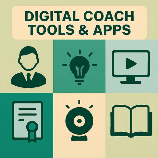 Icons and text related to digital coach tools and apps on a green and beige background