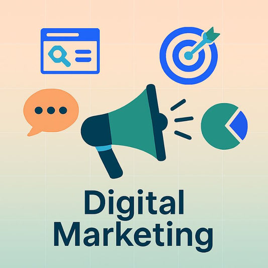 Digital marketing icons with a megaphone, target, speech bubble, and chart on a gradient background.