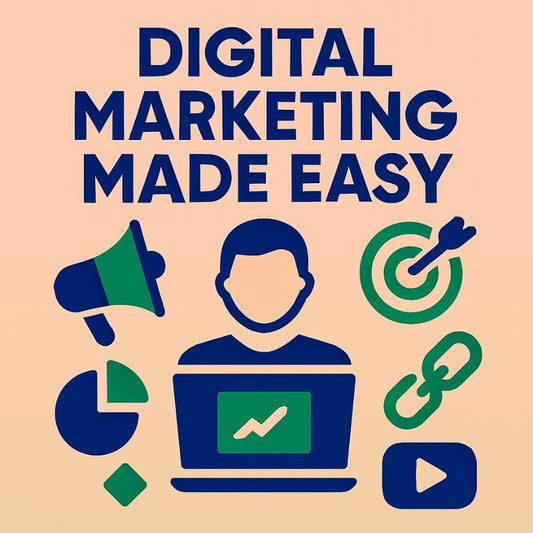 Illustrations of digital marketing elements with text 'Digital Marketing Made Easy' on a beige background.