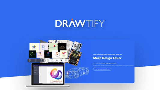 Drawtify software interface with design examples on a blue background