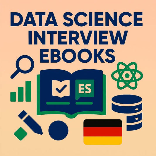Promotional graphic for data science interview ebooks with icons and text on a beige background