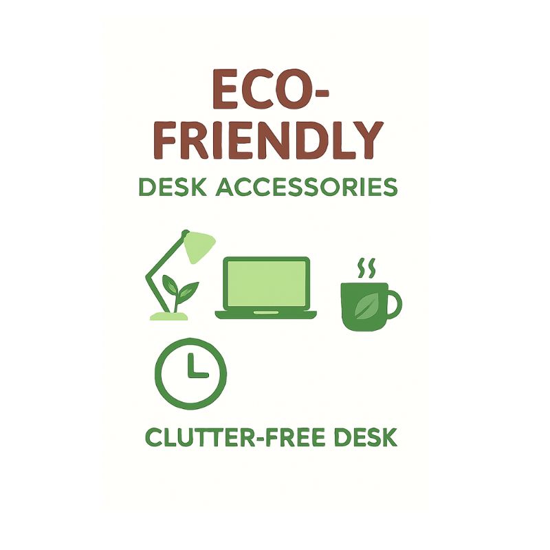 Eco-friendly desk accessories with icons of a lamp, laptop, mug, and clock on a white background.