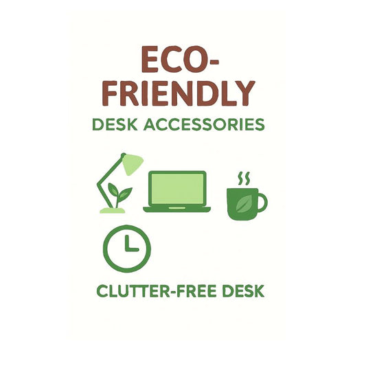 Eco-friendly desk accessories with icons of a lamp, laptop, mug, and clock on a white background.