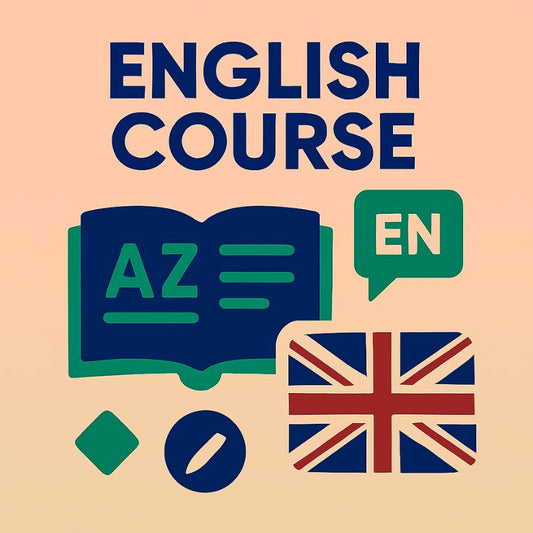 English course promotional graphic with book, speech bubble, and British flag on a beige background