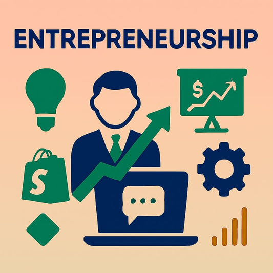 Illustration of a person with a laptop, surrounded by icons related to entrepreneurship on a beige background.