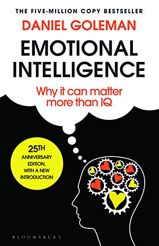 Book cover of 'Emotional Intelligence' by Daniel Goleman with a black background and white text.