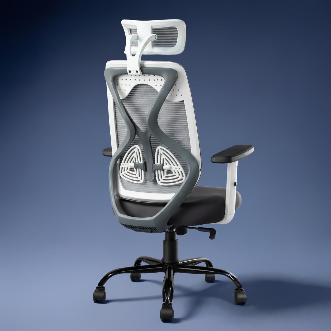 Gray office chair with black accents on a blue background
