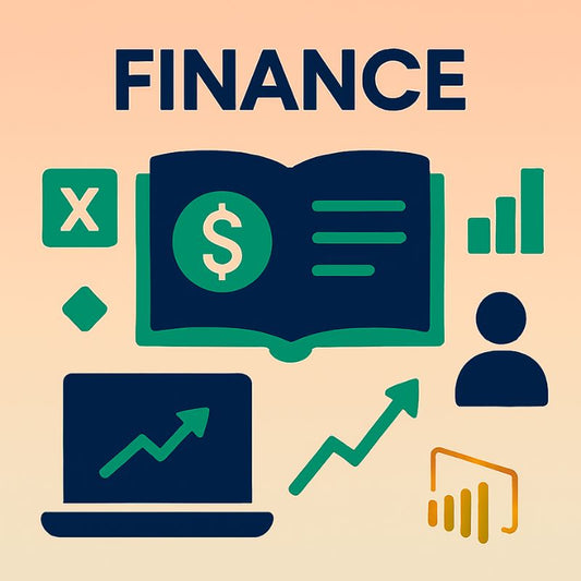Illustrations of a book with a dollar sign, a laptop with an upward arrow, and other finance-related icons on a beige background.