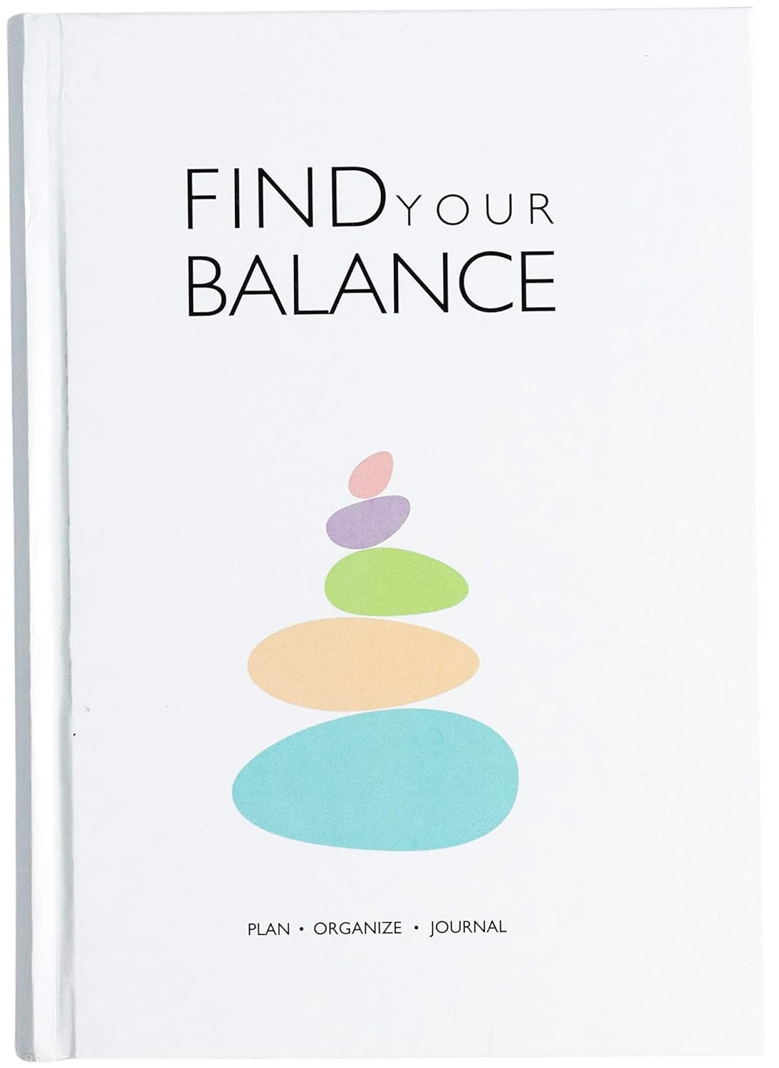 Notebook titled 'Find Your Balance' with colorful stones design on a white background