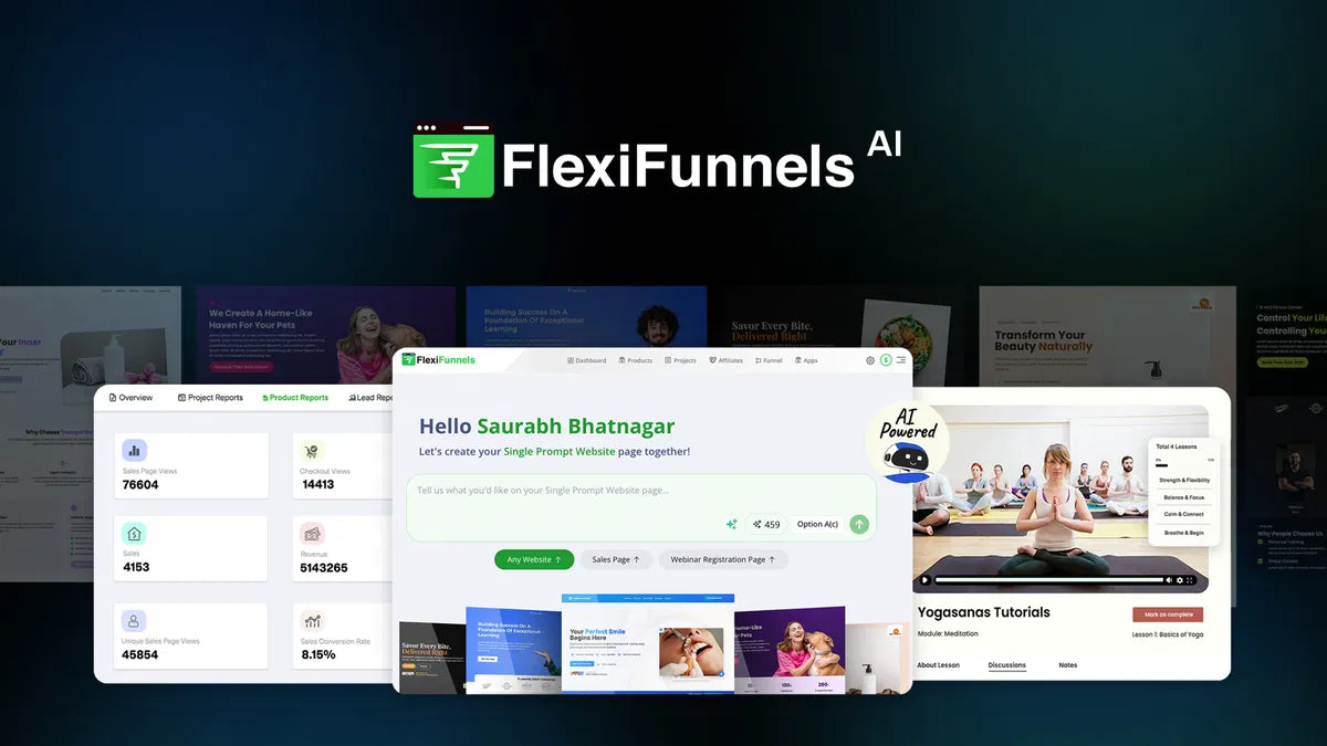 FlexiFunnels AI software interface with user profiles and dashboard on a dark background