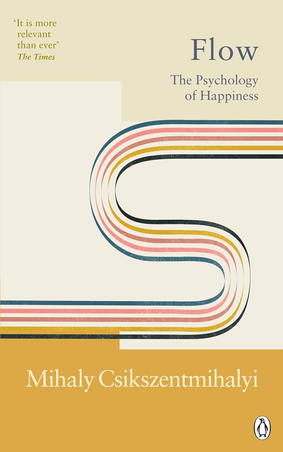 Book cover of 'Flow: The Psychology of Happiness' by Mihaly Csikszentmihalyi with colorful wavy line design on a beige and brown background.
