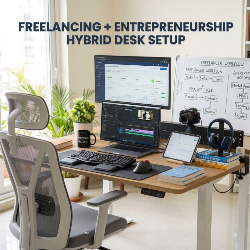 A modern home office desk setup with a wooden desktop, white desk legs, a gray ergonomic office chair, dual computer monitors, a laptop, tablet, keyboard, mouse, headphones, books, and a whiteboard with writing. Large text at the top reads 'FREELANCING + ENTREPRENEURSHIP HYBRID DESK SETUP'.