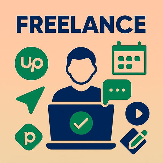 Freelance concept with icons and text on a beige background
