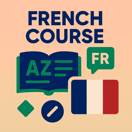 French course promotional graphic with book, flag, and text on a beige background