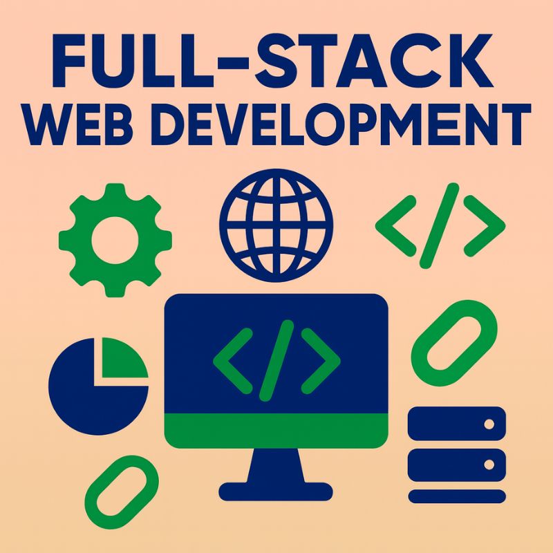 Full-stack web development graphic with icons on a beige background